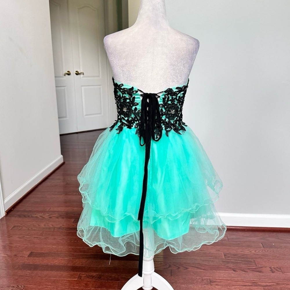 Custom Strapless Black Lace Mint Green Corset Back Cocktail Mini Dress Small - Picture 3 of 12